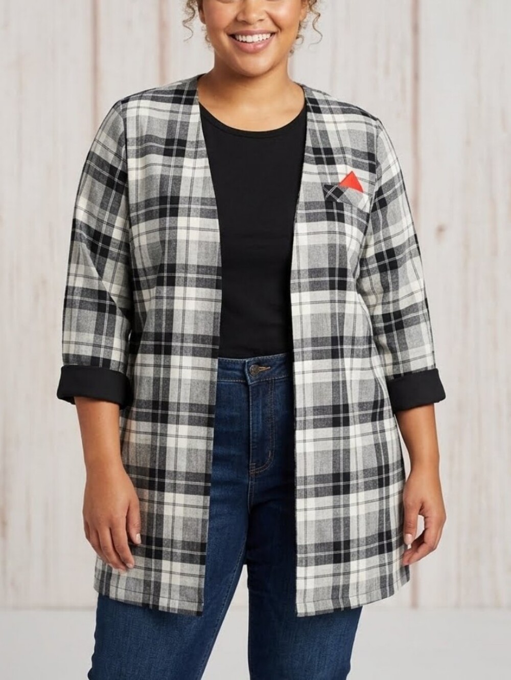 Vintage In CinQ Plaid Open-Front Jacket  Black & White
